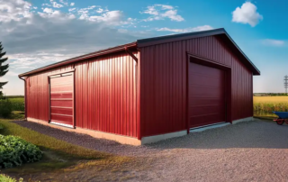Top Affordable Metal Garage Kits 2025 9 affordable metal garage kits. Red building with a garage door.