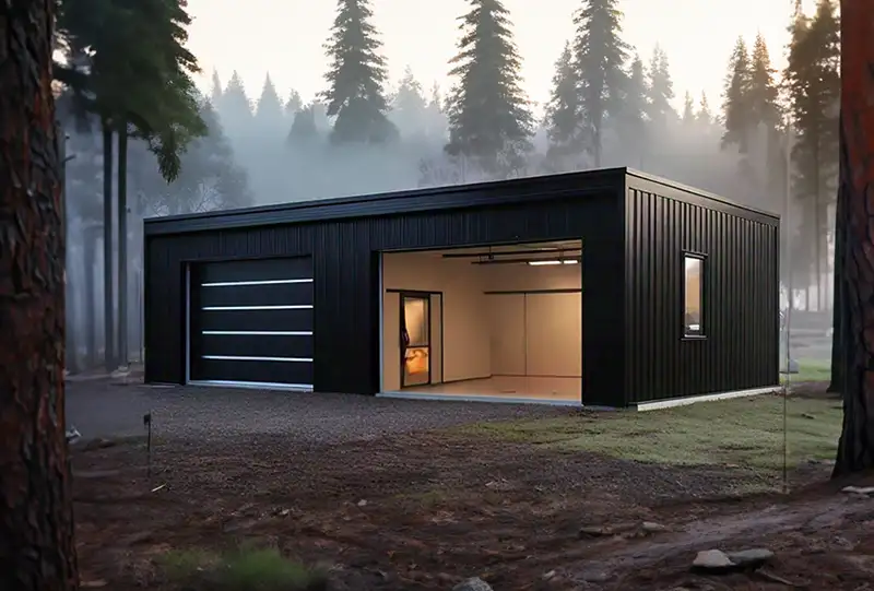 Black Prefabricated Steel Garage A Black Prefabricated Steel Garage in the Woods