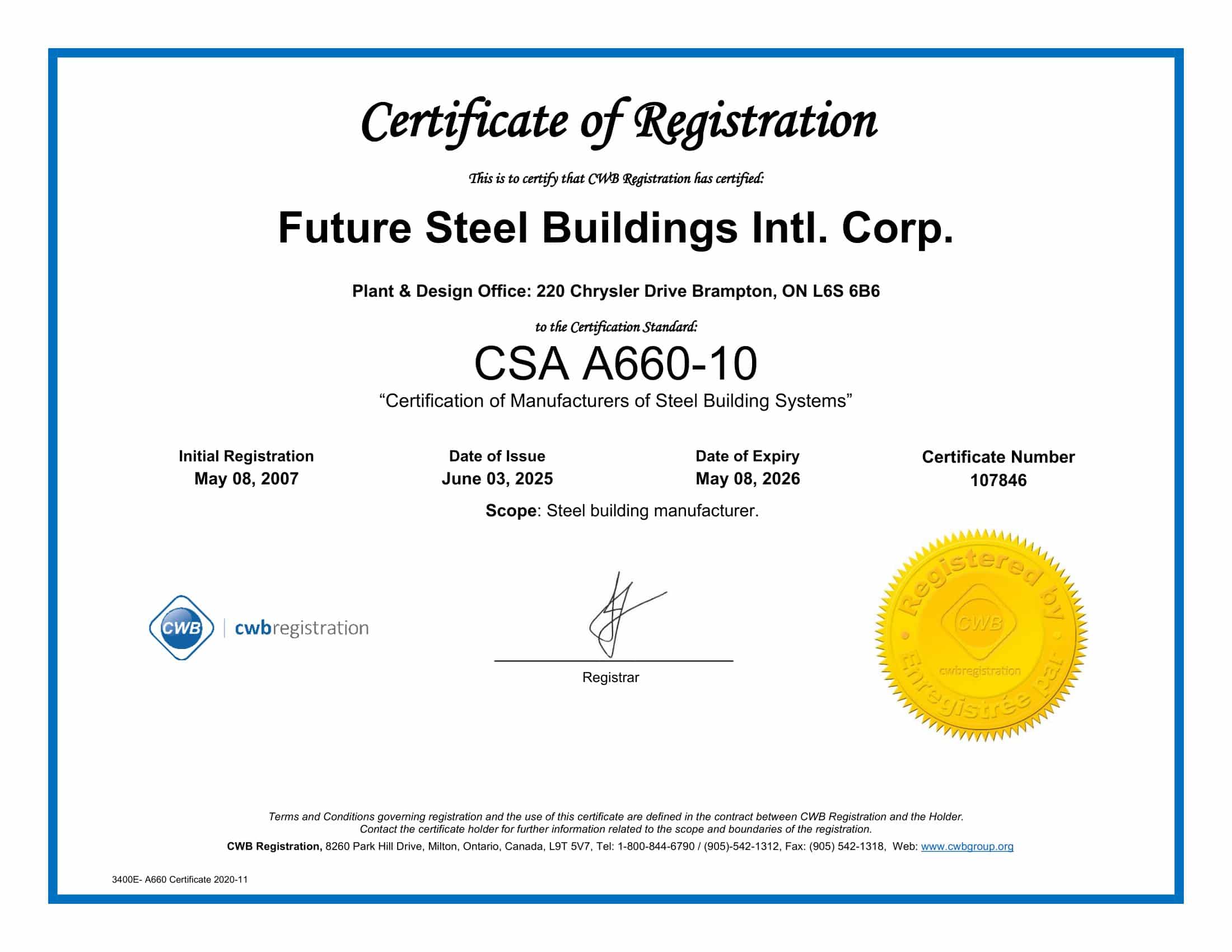 CSA A660 Certification Certificates